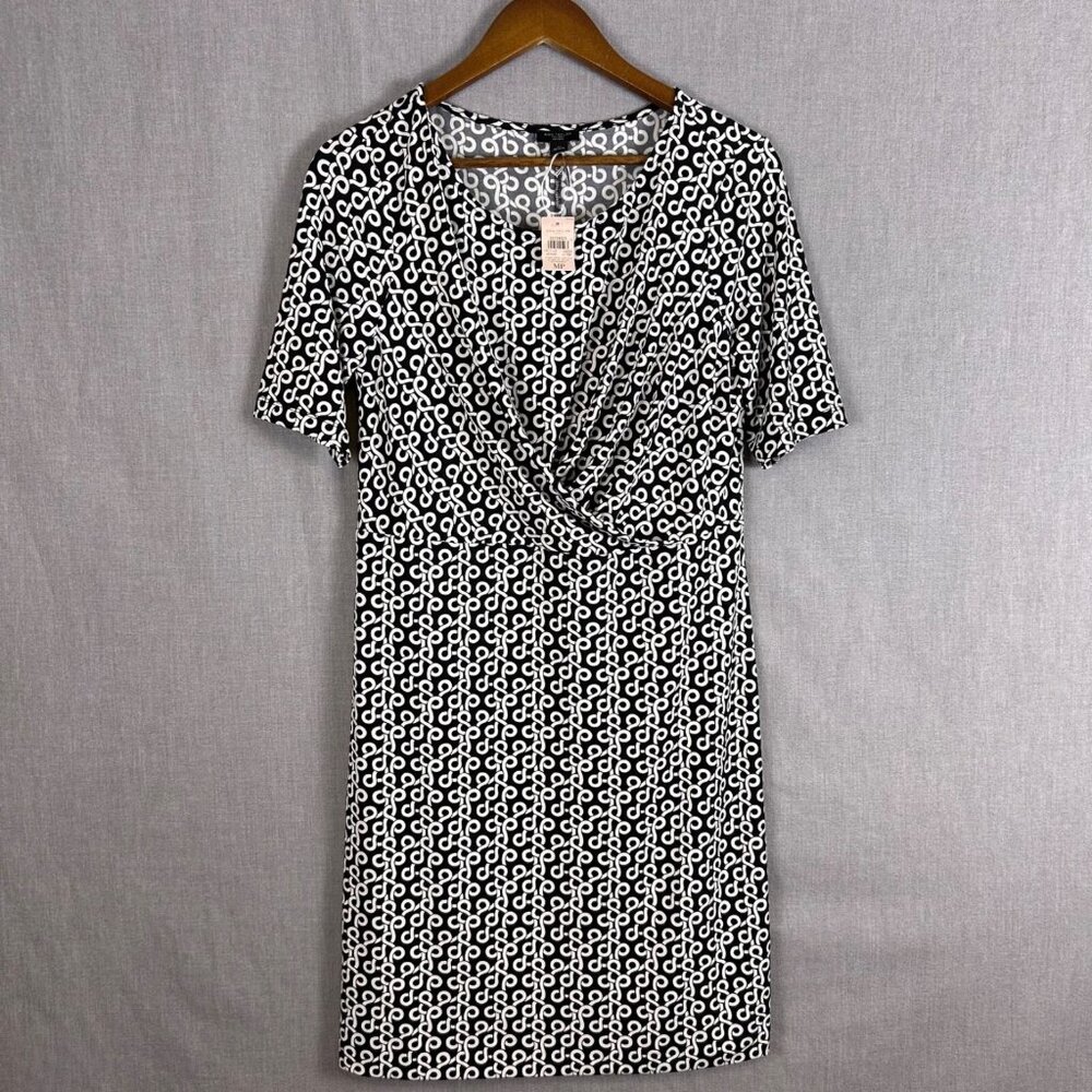 Ann Taylor Dress Womens Medium Petite Black White Geometric Faux Wrap Sheath NWT